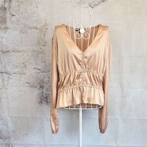 Mixed Threads Elegant Satin V-Neck Blouse- Tan Womens Size XL